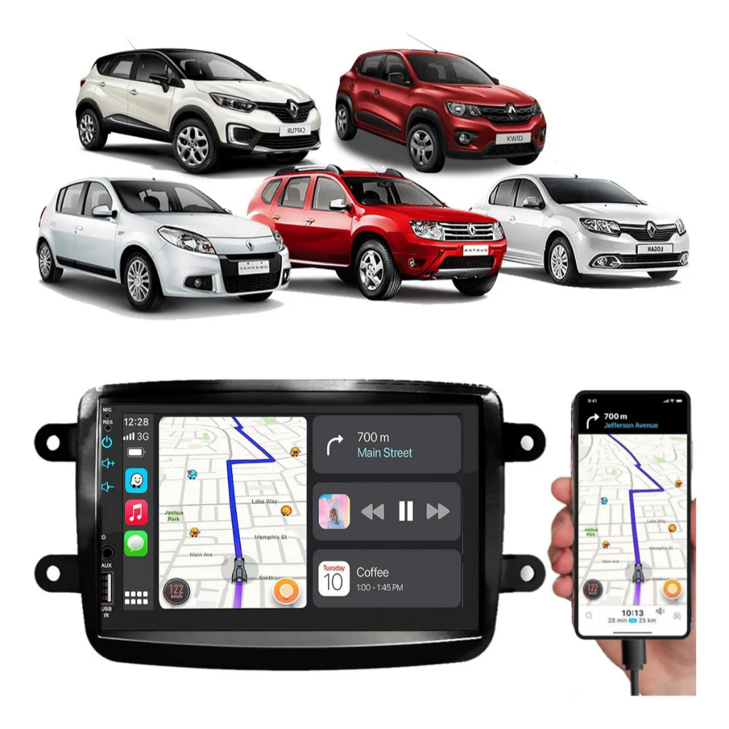Kit Multimidia Sandero Kwid Captur Carplay Android Auto Mp5 + Camera de ...