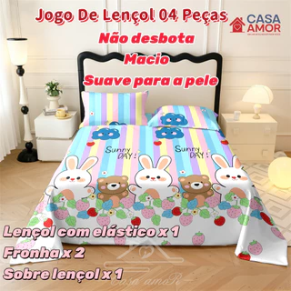 Estampa Coelho e Urso Jogo De Lençol 03 e 04 Peças SOLTEIRO CASAL Percal Ponto Palito Estampado em Oferta na Shopee