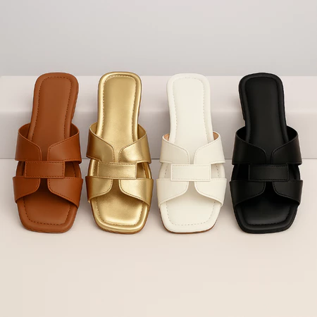 Sandália rasteira feminina preta com detalhes em dourado