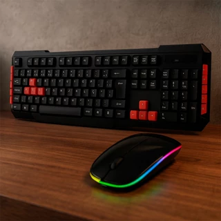 Kit Mouse Wireless LED RGB + Teclado Gamer Multimidia USB Sem Fio