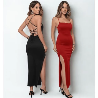 Vestido Longo Feminino Elegante Costas nua Trançada Fenda Lateral Empina Bumbum Colado Amarração
