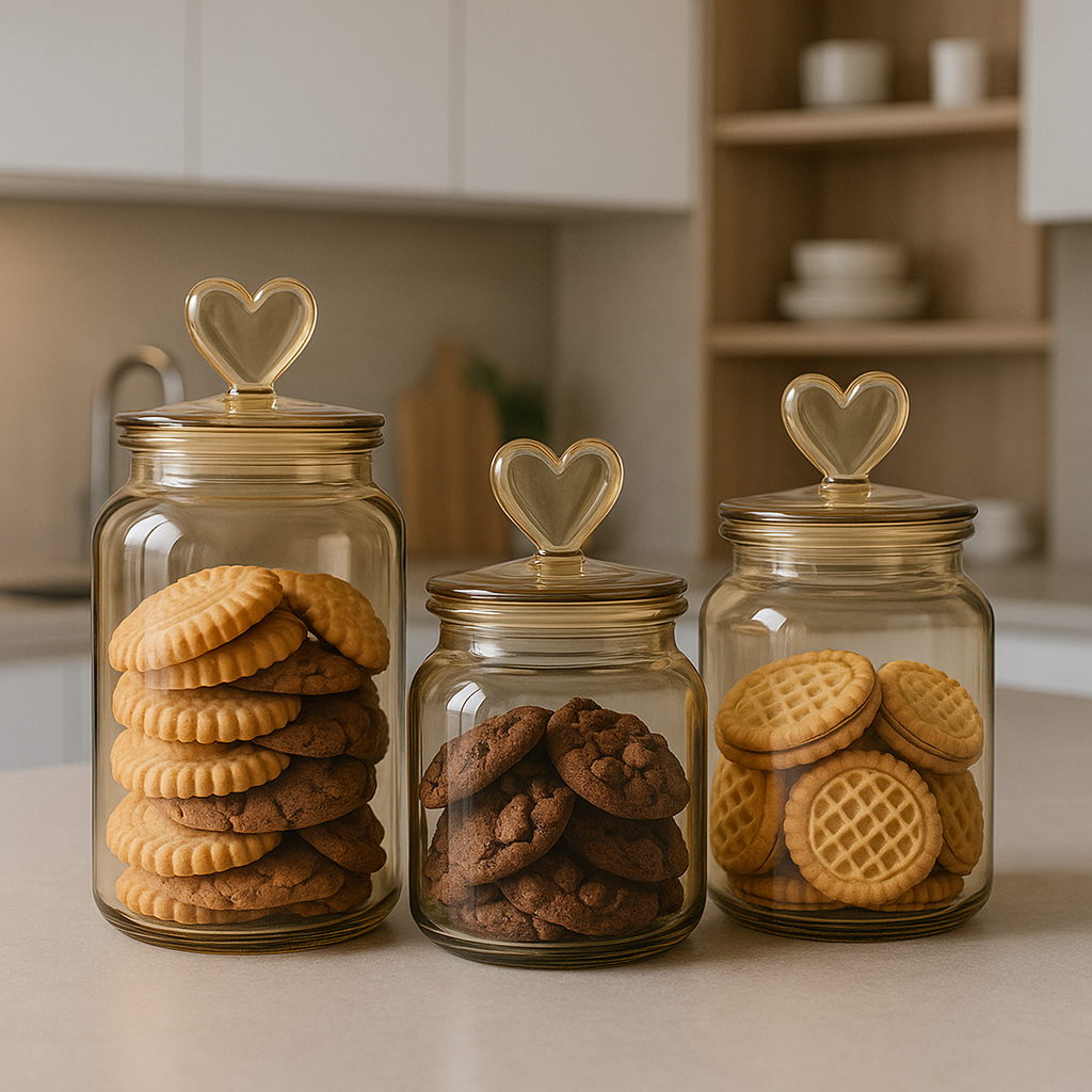 Kit Potes De Vidro Hermético Âmbar Coração 3 Peças Decorativas Mantimentos Decor