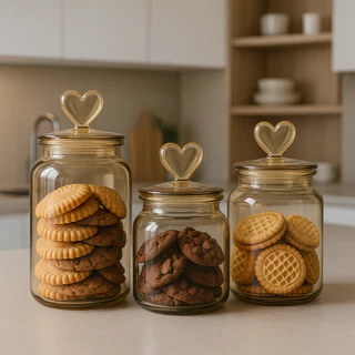 Kit Potes De Vidro Hermético Âmbar Coração 3 Peças Decorativas Mantimentos Decor