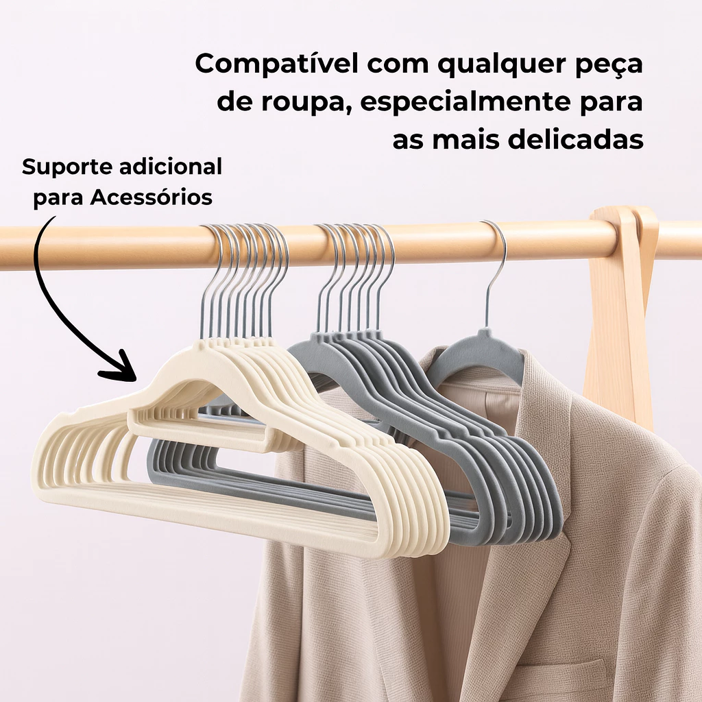 Cabides de veludo bege e cinza pendurados em uma arara de madeira com destaque para o suporte de acessórios