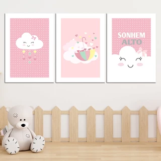 Kit 3 Placas Decorativas – Quarto de Bebê | Infantil, Nuvens, Animais e Frases 28x40cm | Laminadas