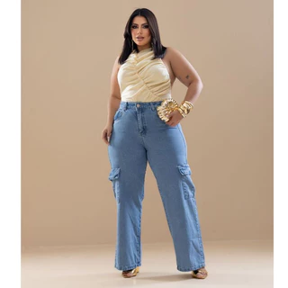 Calça Jeans Feminina Wide Leg Cargo Plus Size Clara