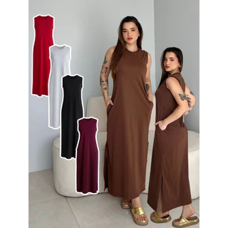 Vestidos Feminino Longo Com Bolso Fenda Cavado Soltinho Confortável Moda Blogueira em Oferta na Shopee
