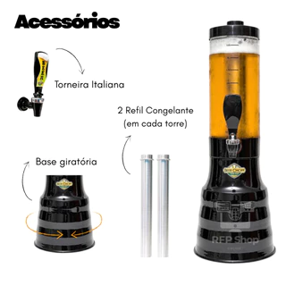 Torre de Chopp 2L C/ Torneira Italiana e Alça de Transporte + 2 Refis Congelantes e Acessórios