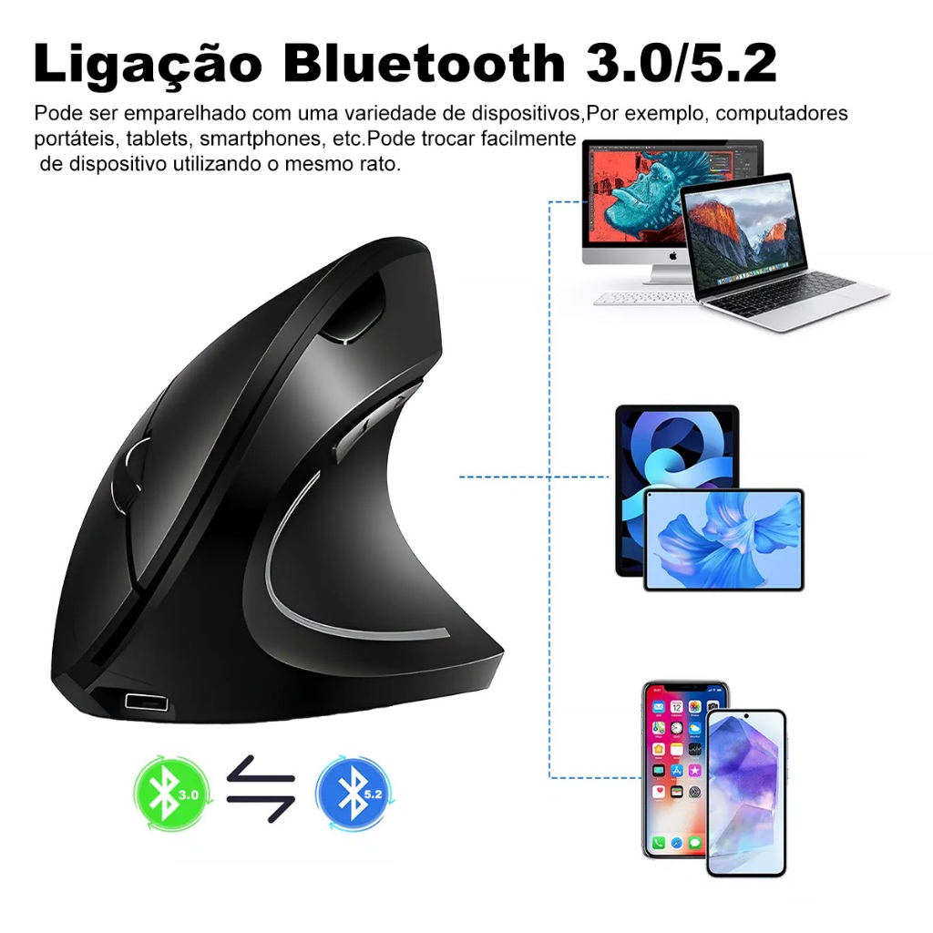 Mouse gamer ergonômico recarregável Bluetooth de modo duplo sem fio, preto