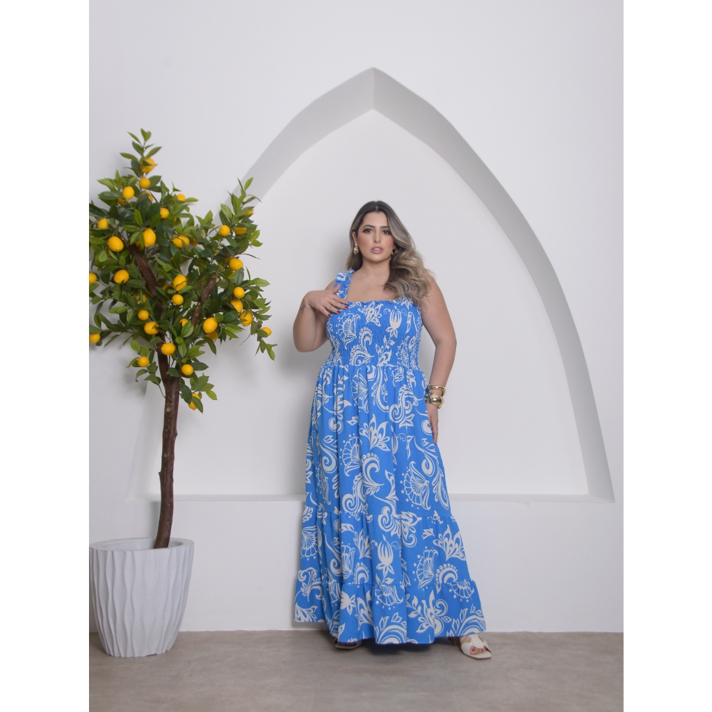 Vestido Longo Alça Floral Plus Size Elastex Feminino Elegante
