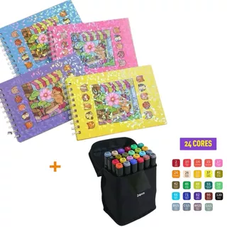 Kits Caderno de Colorir Capa Dura com Acetato + Canetinhas Ponta Dupla em Oferta na Shopee