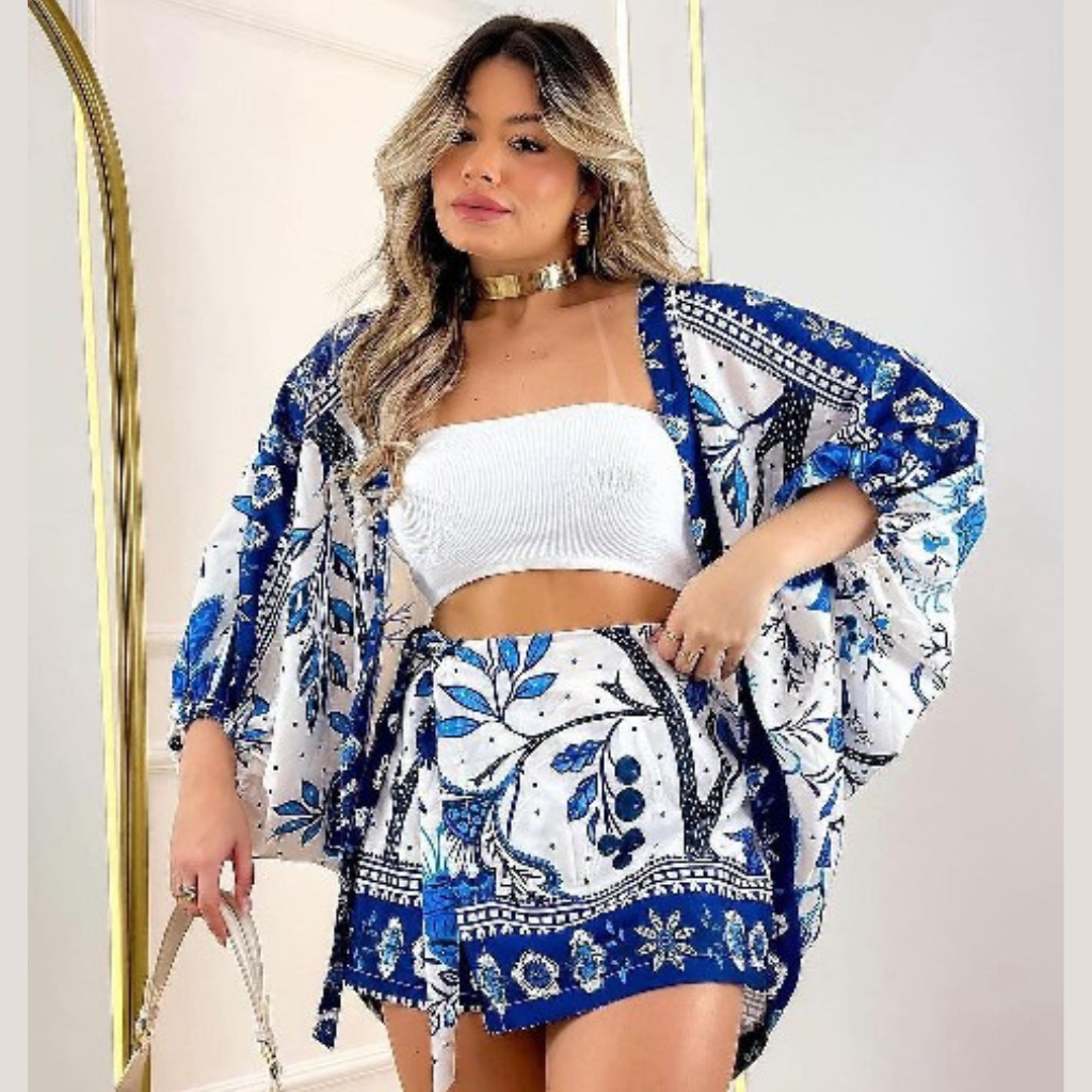 Conjunto Feminino Estampado Kimono 2 peças Short Saia e Kimono Moda ...