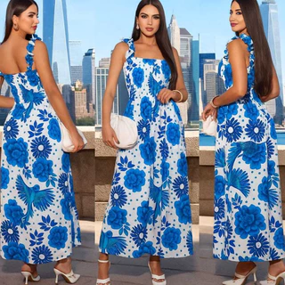 Vestido Longo Feminino  Tecido Crepinho  Estampa Florido com Alça larga  e Lastex em Oferta na Shopee