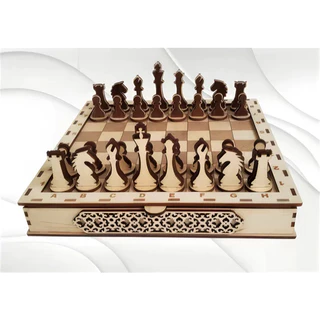 Jogo Xadrez 3D MDF Completo Tabuleiro Gaveta Peças