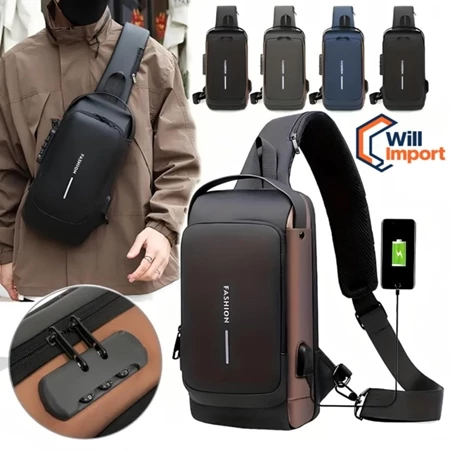 Mochila de Ombro Transversal Compacta Unilateral USB Trava de Código Resistente água