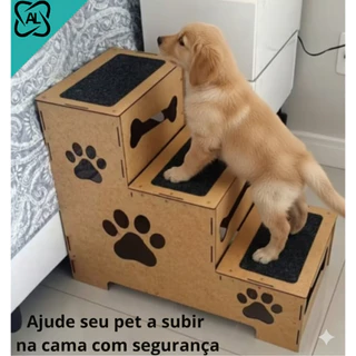 Escada Pet Gato Cachorro 3 Degraus Subir Cama Sofá 45x49x34cm Madeira MDF Carpete Antiderrapante