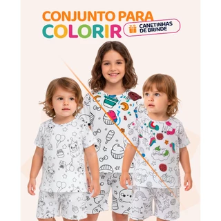 Kit de 1, 2 ou 3 Conjuntos Pijama Infantil Menina de Colorir +Canetinhas Pijama Infantis Feminino em Oferta na Shopee