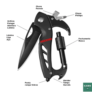 Canivete EDC Chaveiro Mosquetão 6x1 Multifuncional Trilha Camping Pesca
