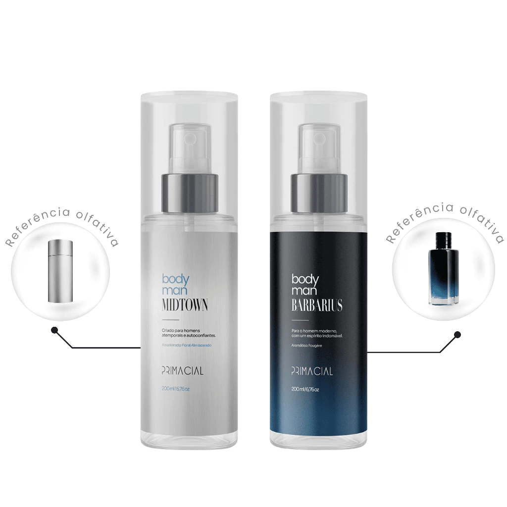 Kit de body splash masculino Primacial Midtown e Barbarius posicionados lado a lado, com ícones de referência olfativa ao lado de cada frasco.