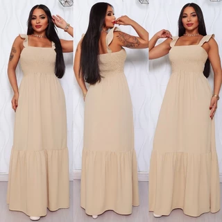 Vestido Feminino Longo de Lastex Alça com babadinho Tecido Duna em Oferta na Shopee