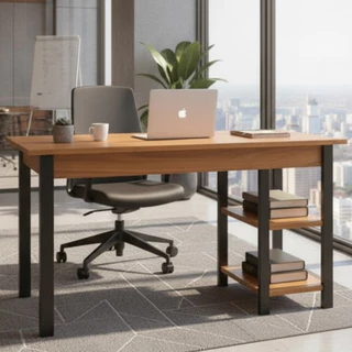 Mesa para Computador Industrial com 2 Prateleiras - Estrutura de Madeira