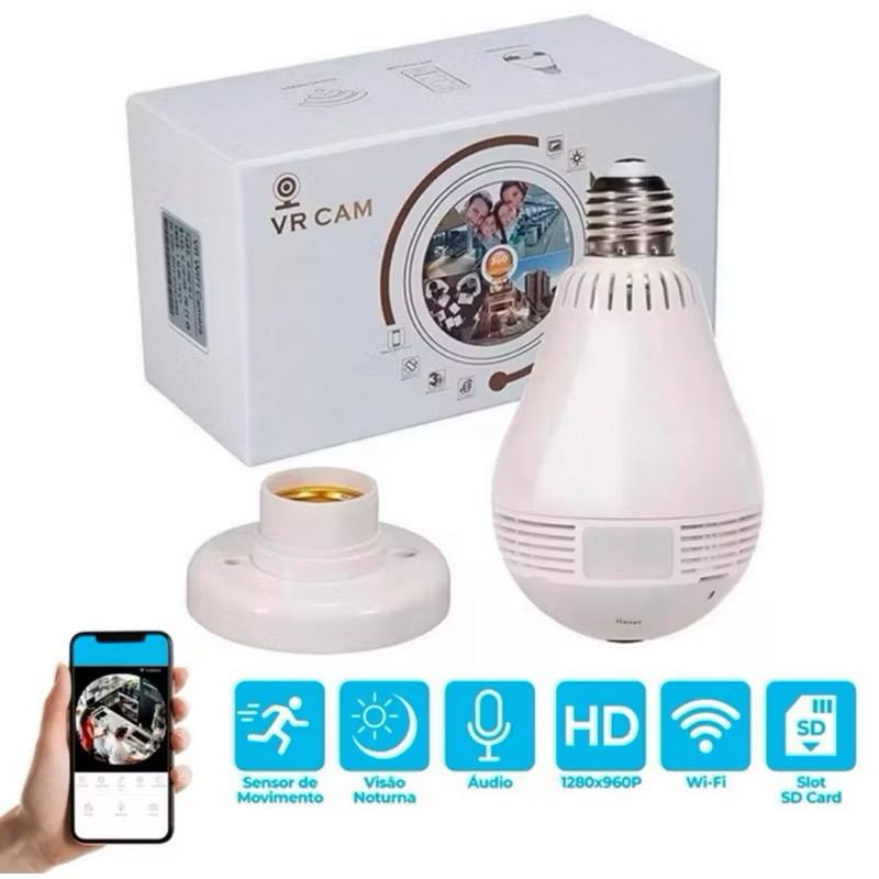 Lâmpada LED Câmera Espiã HD Wi-fi Panorâmica 360° graus com Soquete (APP ( V380