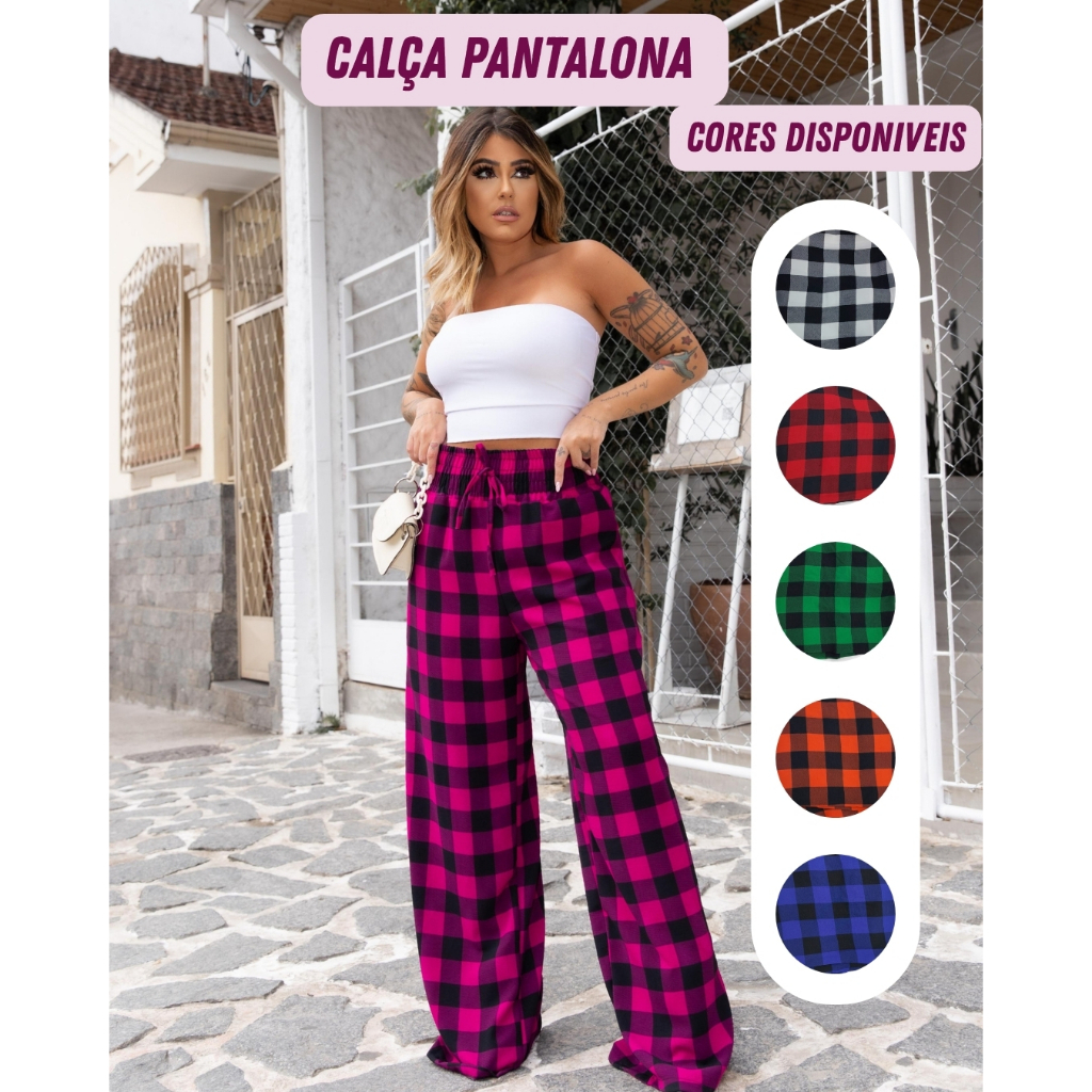 Calça Feminina Pantalona Forrada Cintura Alta Duna Envio Imediato Xadrez