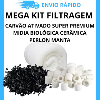 Kit Filtragem Aquário e Lago Carvão Ativado 2kg + Mídia Biológica Cerâmica 2kg + Perlon 2,5m Premium