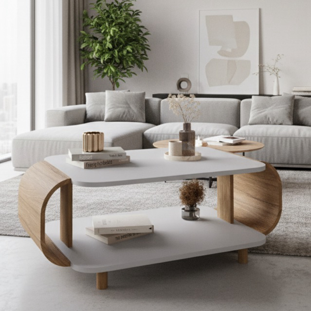 Mesa de Centro Floripa Retangular com Nicho Inferior 90cm - Pés de Madeira Maciça - Cor: Cinamomo/Off-White