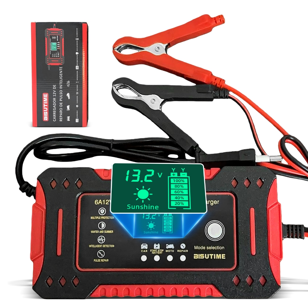 Carregador Inteligente 12V 6A com Reparo de Pulso para Carro, Moto e Mais