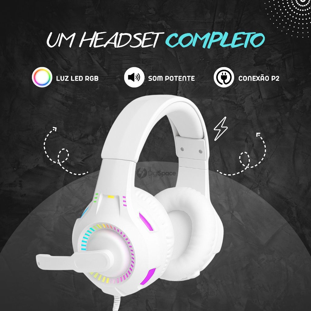 Fone De Ouvido Headset Gamer Profissional Branco Led RGB PC USB P2/P3 Celular Videogame Xbox PS4 PS5 — imagem 2