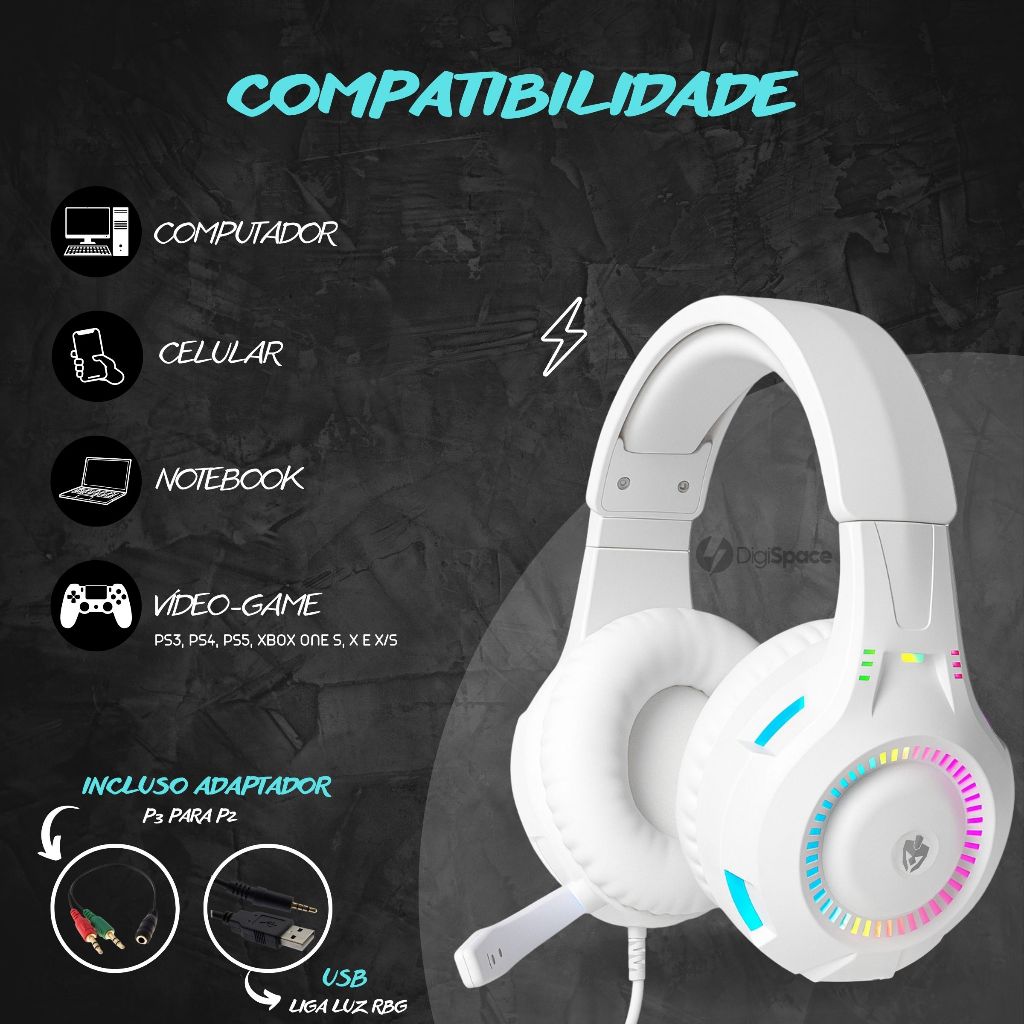 Fone De Ouvido Headset Gamer Profissional Branco Led RGB PC USB P2/P3 Celular Videogame Xbox PS4 PS5 — imagem 3