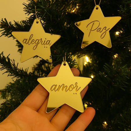 Kit enfeites árvore natal 8 unid acrílico bolas e estrelas gravadas c/ cordão decoração natalina
