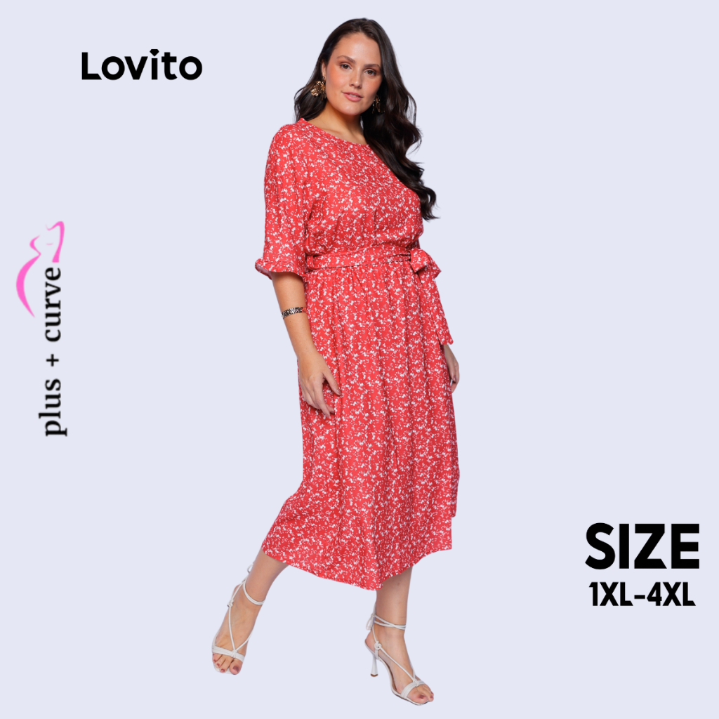 Lovito Vestido Plus Size Moda Modesta Midi Manga Bufante Com Amarração Feminino LB273BRL302