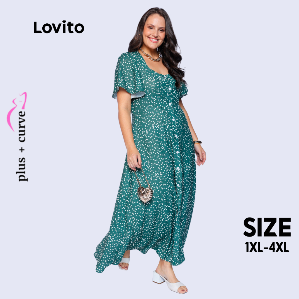 Lovito Vestido Longo Verde Moda Modesta Plus Size Manga Curta Bufante Estampado Feminino LB172BRL201