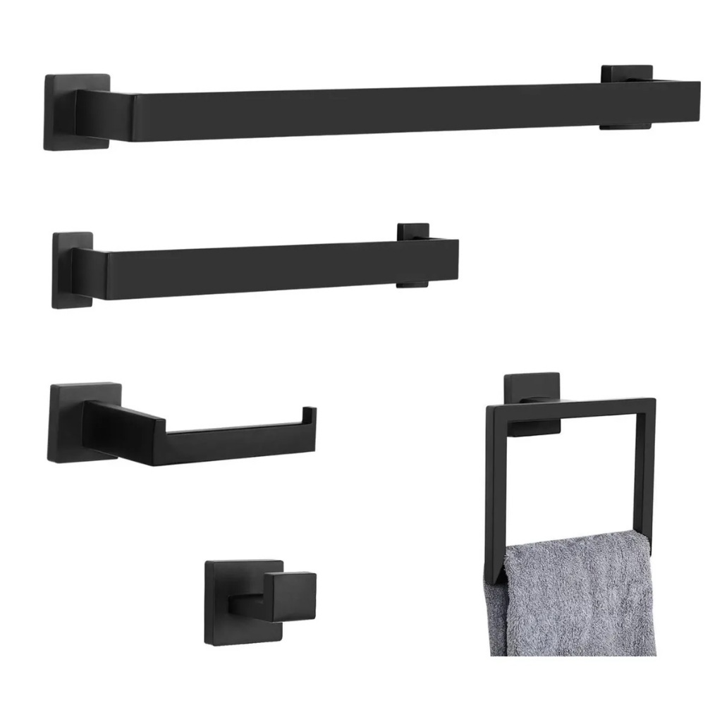 Kit Acessórios Banheiro Preto 5Peças Aço Inox 304 Suporte Porta Toalha Papel Gancho Jogo De Banheiro