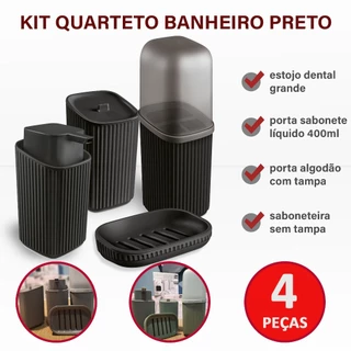 Kit Banheiro 4 Pçs: Escova c/ Tampa, Dispenser Sabonete, Saboneteira, Porta Algodão | Cores Variadas