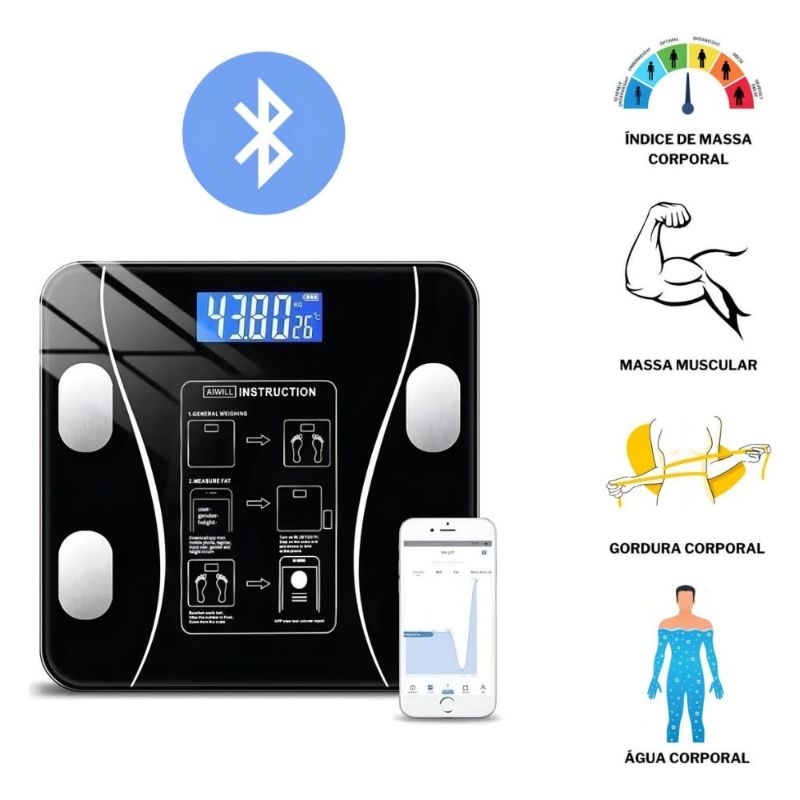 Balança Corporal Bioimpedância Inteligente Digital Aplicativo para ...