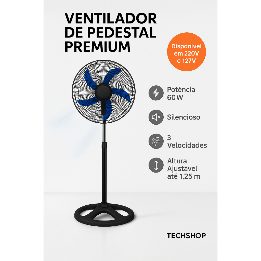 Ventilador De Coluna pedestal Preto 50cm 5 Pás ventilador de pé 110v ou ...