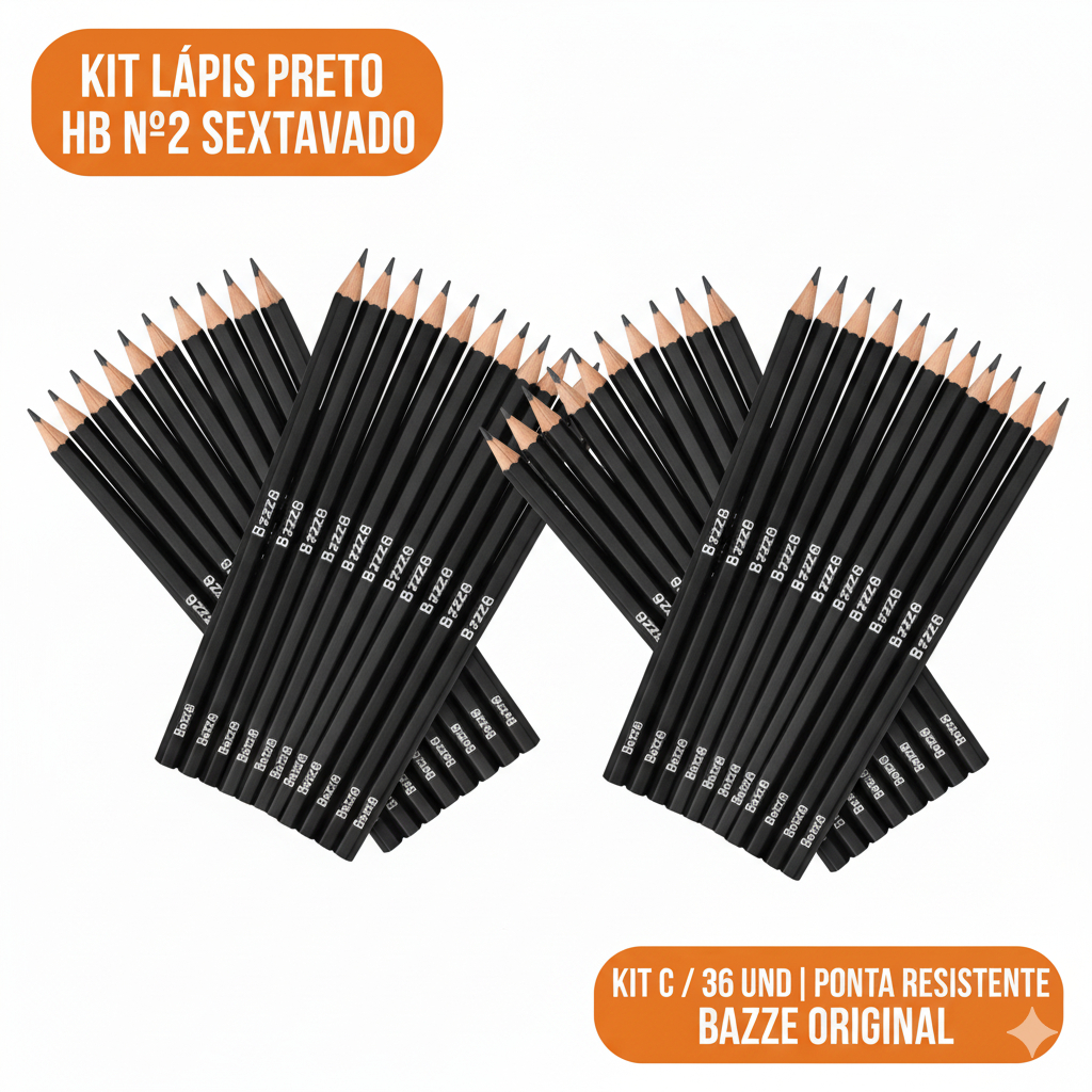 Kit Lápis Escolar Preto HB Nº2 Bazze Original – Sextavado 12 / 24