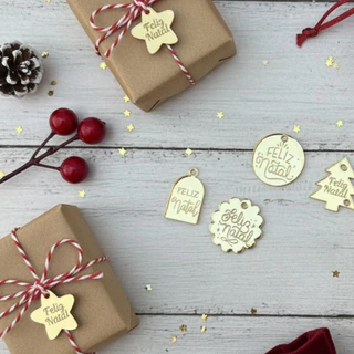 Kit 30 Tag Acrílico Natalina Espelhado Etiqueta Feliz Natal Dourado