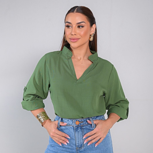 Blusa Feminina Preta Manga Três Quartos Decote V Elegante Casual