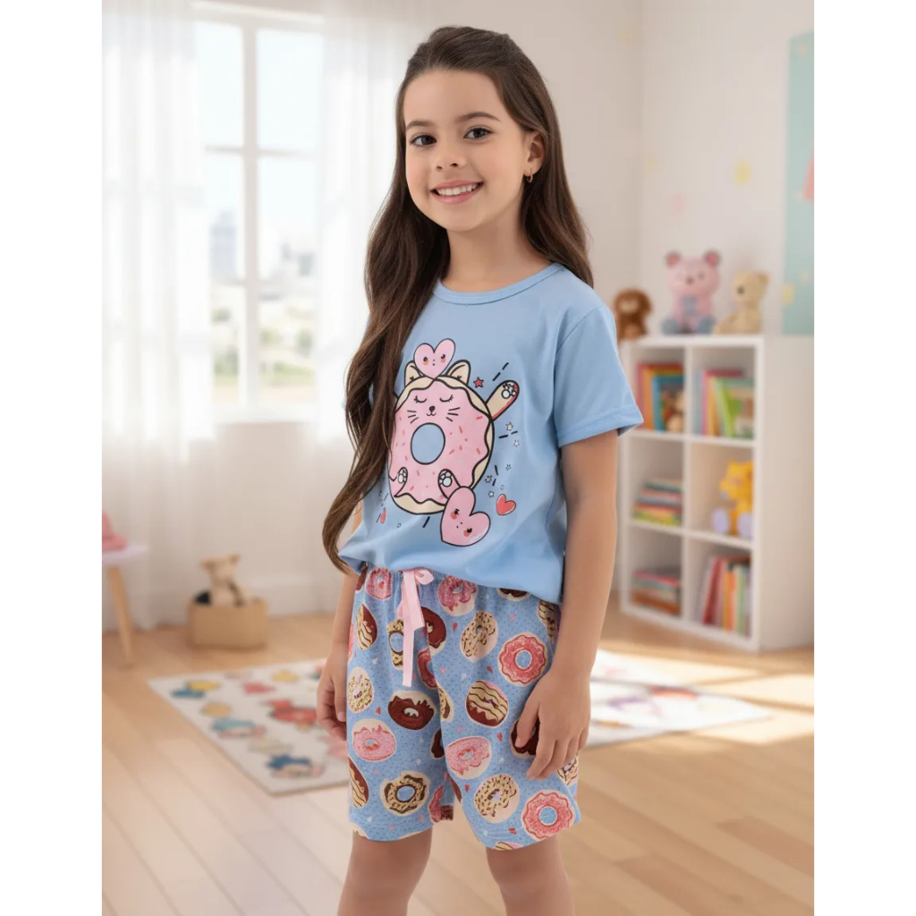 Pijama Infantil Menina Verão Short Doll Atacado Promoção Confortável Malha em Oferta na Shopee