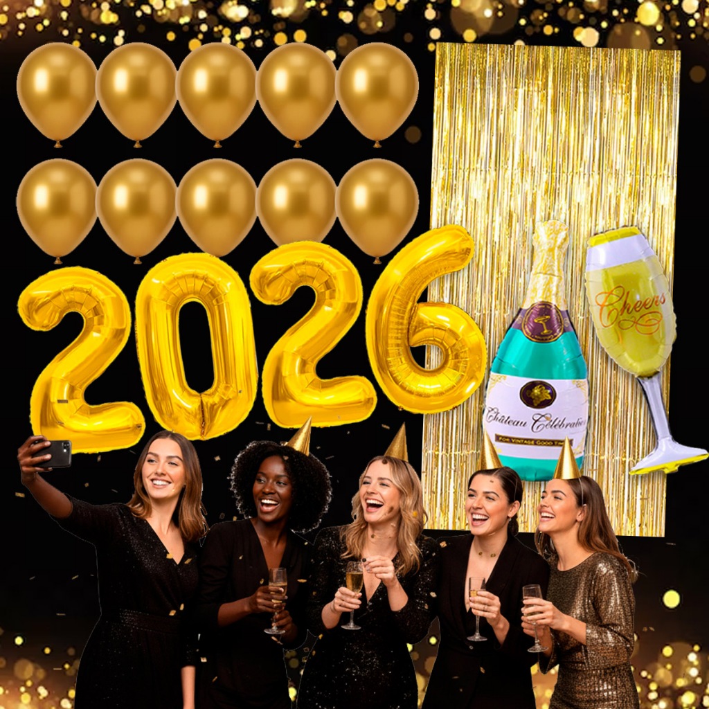 KIT DECORAÇÃO DE ANO NOVO 2026 REVEILLON COM BALÃO TAÇA GARRAFA CORTINA ...