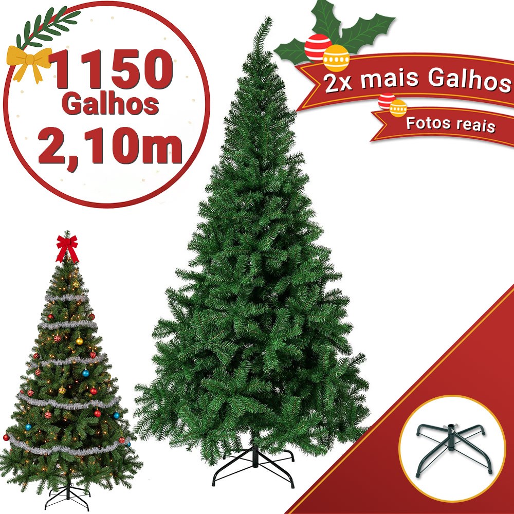Árvore de Natal 2,10m Cheia 1150 Galhos Luxo Base Metálica