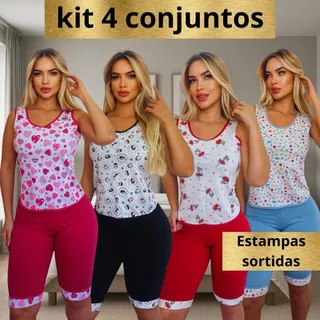 Kit Com 4 Conjuntos Pijamas Pescador Regata Malha} 100% Algodão Babydool  Feminino Confortável Verão em Oferta na Shopee