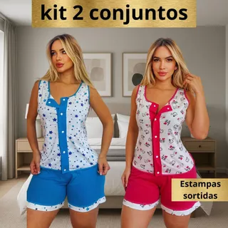 Kit Com 2 Conjunto De Pijamas Com Botao Malha} 100% Algodão Babydool Feminino Gestante Pos Cirurgico em Oferta na Shopee