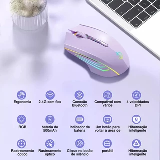 Mouse gamer sem fio Bluetooth com conectividade tri-mode, design ergonômico e ajuste de DPI em quatro níveis.
