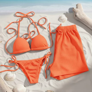 Kit Biquíni e Shorts Canelado Moda Praia Tendência 3 Peças em Oferta na Shopee