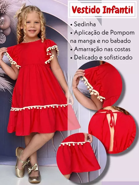 Vestido infantil menina manga com babados e pompons em sedinha